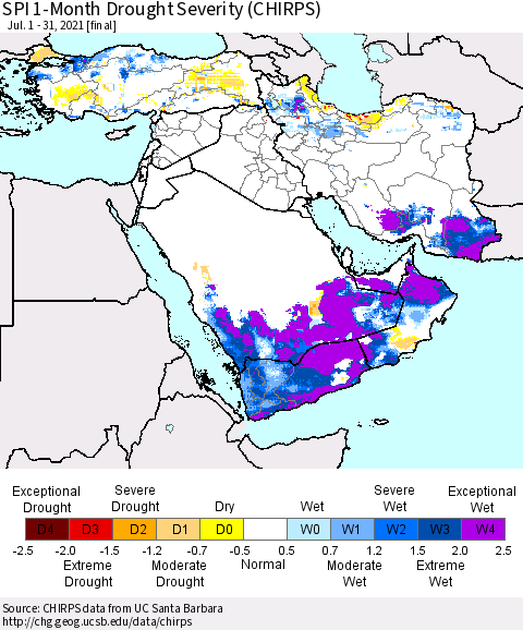 Middle East and Turkey SPI 1-Month Drought Severity (CHIRPS) Thematic Map For 7/1/2021 - 7/31/2021