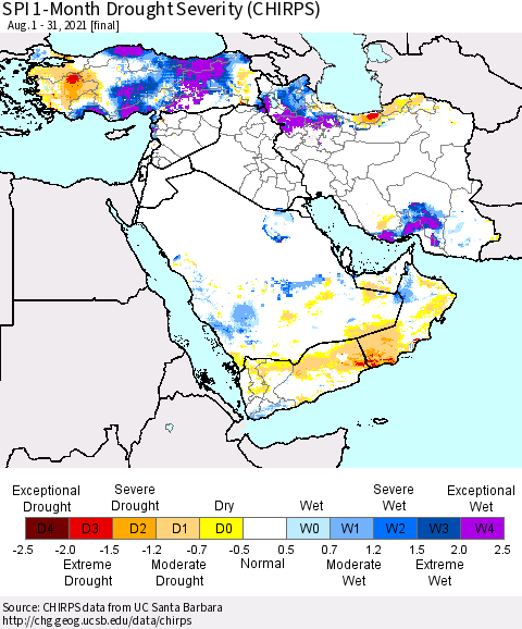 Middle East and Turkey SPI 1-Month Drought Severity (CHIRPS) Thematic Map For 8/1/2021 - 8/31/2021
