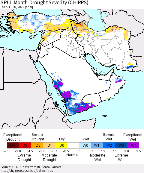 Middle East and Turkey SPI 1-Month Drought Severity (CHIRPS) Thematic Map For 9/1/2021 - 9/30/2021