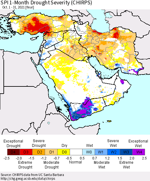 Middle East and Turkey SPI 1-Month Drought Severity (CHIRPS) Thematic Map For 10/1/2021 - 10/31/2021