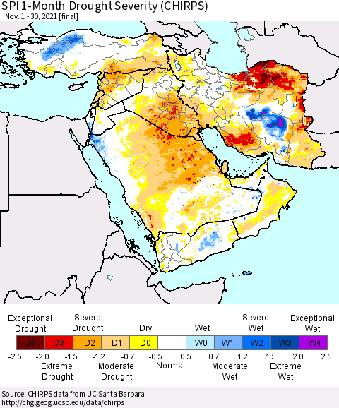 Middle East and Turkey SPI 1-Month Drought Severity (CHIRPS) Thematic Map For 11/1/2021 - 11/30/2021