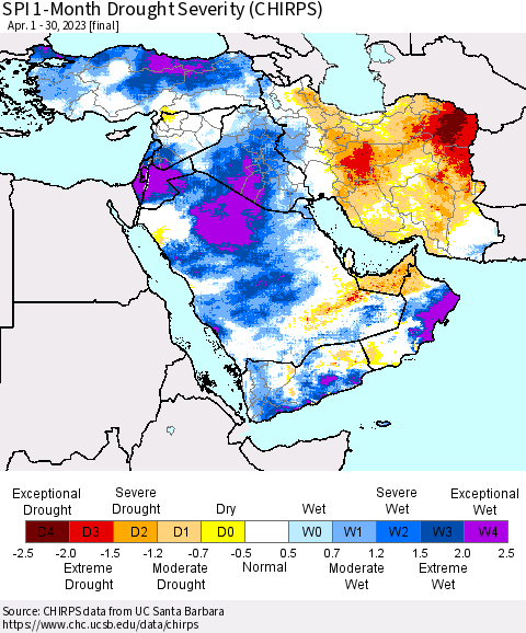 Middle East and Turkey SPI 1-Month Drought Severity (CHIRPS) Thematic Map For 4/1/2023 - 4/30/2023