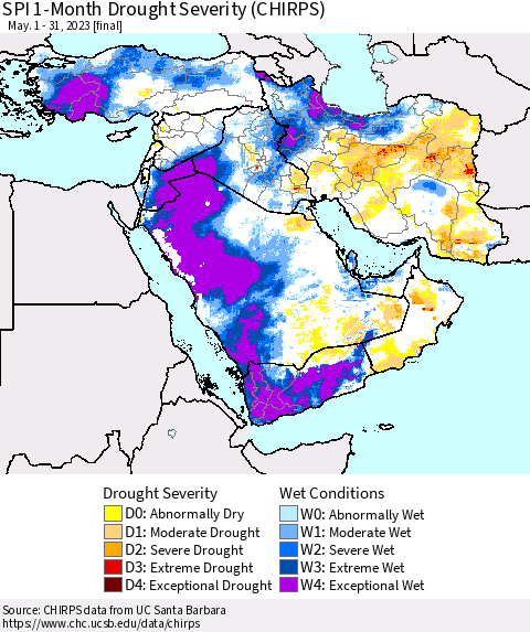 Middle East and Turkey SPI 1-Month Drought Severity (CHIRPS) Thematic Map For 5/1/2023 - 5/31/2023