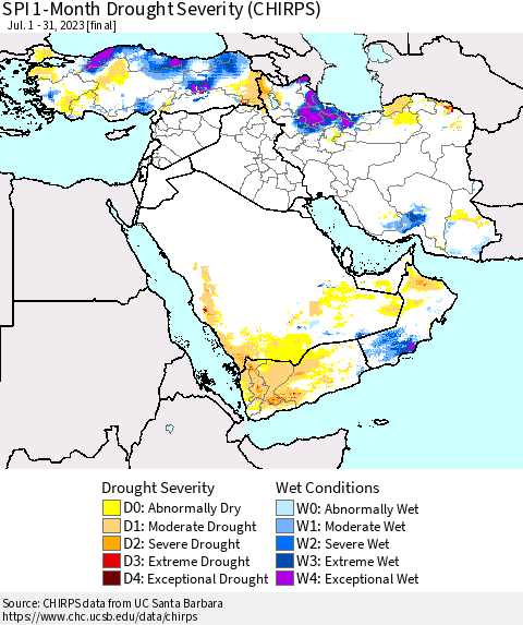 Middle East and Turkey SPI 1-Month Drought Severity (CHIRPS) Thematic Map For 7/1/2023 - 7/31/2023