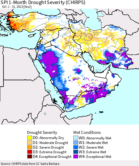 Middle East and Turkey SPI 1-Month Drought Severity (CHIRPS) Thematic Map For 10/1/2023 - 10/31/2023