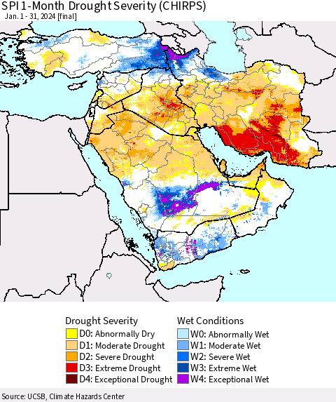 Middle East and Turkey SPI 1-Month Drought Severity (CHIRPS) Thematic Map For 1/1/2024 - 1/31/2024