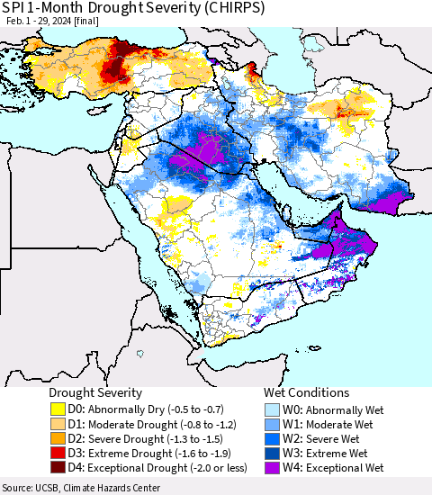 Middle East and Turkey SPI 1-Month Drought Severity (CHIRPS) Thematic Map For 2/1/2024 - 2/29/2024