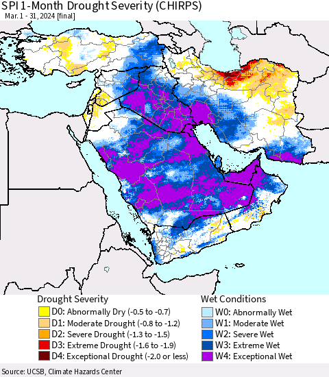 Middle East and Turkey SPI 1-Month Drought Severity (CHIRPS) Thematic Map For 3/1/2024 - 3/31/2024