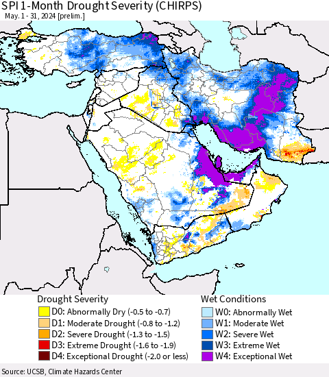 Middle East and Turkey SPI 1-Month Drought Severity (CHIRPS) Thematic Map For 5/1/2024 - 5/31/2024