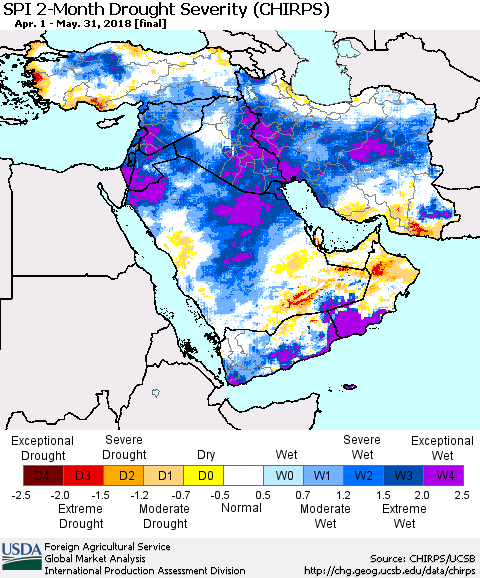 Middle East and Turkey SPI 2-Month Drought Severity (CHIRPS) Thematic Map For 4/1/2018 - 5/31/2018