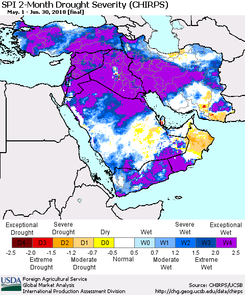 Middle East and Turkey SPI 2-Month Drought Severity (CHIRPS) Thematic Map For 5/1/2018 - 6/30/2018