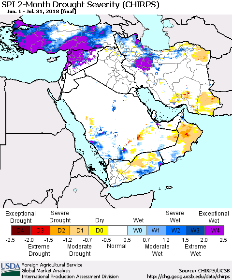 Middle East and Turkey SPI 2-Month Drought Severity (CHIRPS) Thematic Map For 6/1/2018 - 7/31/2018