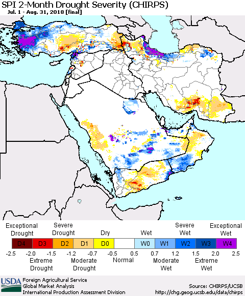Middle East and Turkey SPI 2-Month Drought Severity (CHIRPS) Thematic Map For 7/1/2018 - 8/31/2018