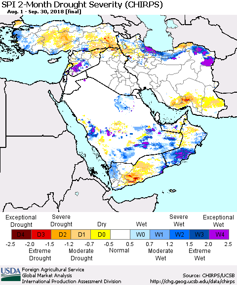 Middle East and Turkey SPI 2-Month Drought Severity (CHIRPS) Thematic Map For 8/1/2018 - 9/30/2018