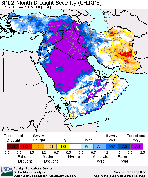 Middle East and Turkey SPI 2-Month Drought Severity (CHIRPS) Thematic Map For 11/1/2018 - 12/31/2018