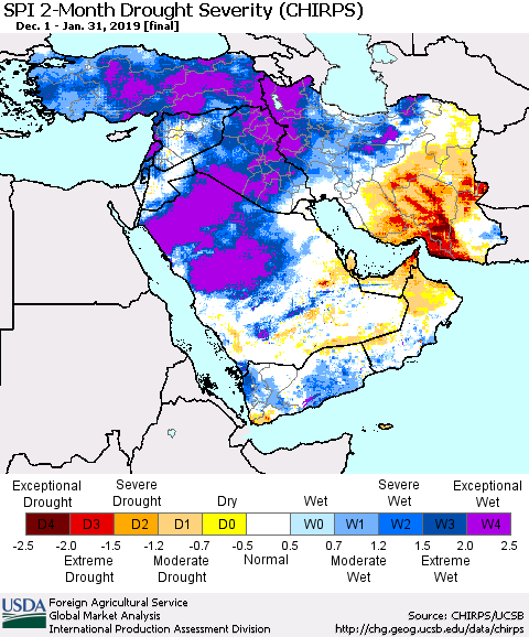Middle East and Turkey SPI 2-Month Drought Severity (CHIRPS) Thematic Map For 12/1/2018 - 1/31/2019