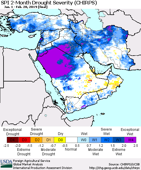Middle East and Turkey SPI 2-Month Drought Severity (CHIRPS) Thematic Map For 1/1/2019 - 2/28/2019