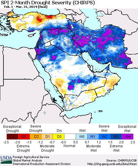 Middle East and Turkey SPI 2-Month Drought Severity (CHIRPS) Thematic Map For 2/1/2019 - 3/31/2019