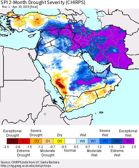 Middle East and Turkey SPI 2-Month Drought Severity (CHIRPS) Thematic Map For 3/1/2019 - 4/30/2019