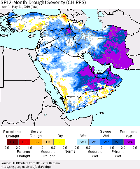Middle East and Turkey SPI 2-Month Drought Severity (CHIRPS) Thematic Map For 4/1/2019 - 5/31/2019