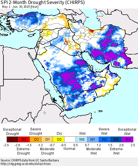 Middle East and Turkey SPI 2-Month Drought Severity (CHIRPS) Thematic Map For 5/1/2019 - 6/30/2019