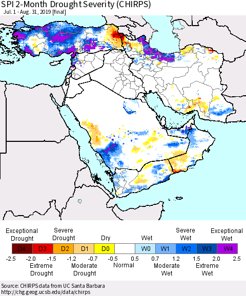 Middle East and Turkey SPI 2-Month Drought Severity (CHIRPS) Thematic Map For 7/1/2019 - 8/31/2019