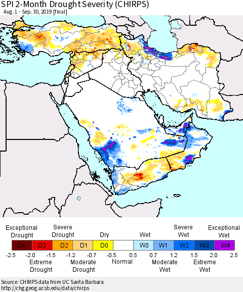 Middle East and Turkey SPI 2-Month Drought Severity (CHIRPS) Thematic Map For 8/1/2019 - 9/30/2019