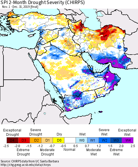 Middle East and Turkey SPI 2-Month Drought Severity (CHIRPS) Thematic Map For 11/1/2019 - 12/31/2019