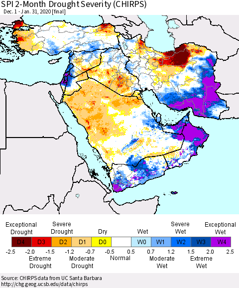 Middle East and Turkey SPI 2-Month Drought Severity (CHIRPS) Thematic Map For 12/1/2019 - 1/31/2020