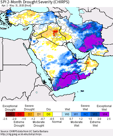 Middle East and Turkey SPI 2-Month Drought Severity (CHIRPS) Thematic Map For 4/1/2020 - 5/31/2020