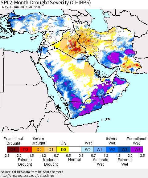Middle East and Turkey SPI 2-Month Drought Severity (CHIRPS) Thematic Map For 5/1/2020 - 6/30/2020