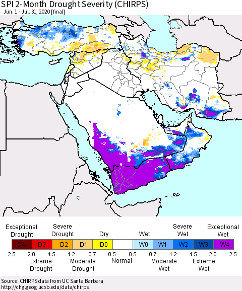 Middle East and Turkey SPI 2-Month Drought Severity (CHIRPS) Thematic Map For 6/1/2020 - 7/31/2020