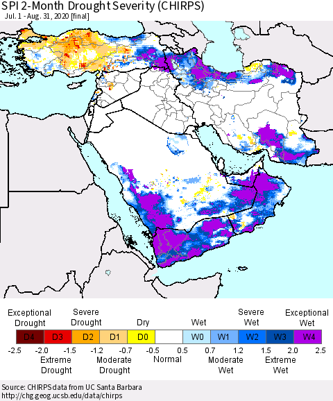 Middle East and Turkey SPI 2-Month Drought Severity (CHIRPS) Thematic Map For 7/1/2020 - 8/31/2020