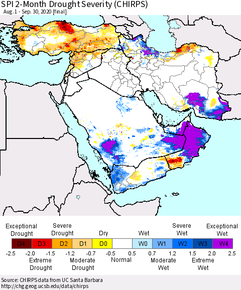 Middle East and Turkey SPI 2-Month Drought Severity (CHIRPS) Thematic Map For 8/1/2020 - 9/30/2020