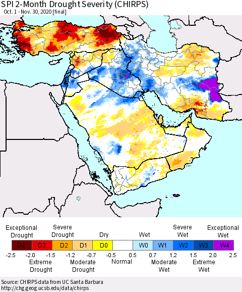 Middle East and Turkey SPI 2-Month Drought Severity (CHIRPS) Thematic Map For 10/1/2020 - 11/30/2020