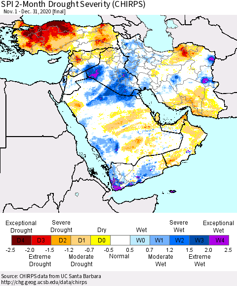 Middle East and Turkey SPI 2-Month Drought Severity (CHIRPS) Thematic Map For 11/1/2020 - 12/31/2020