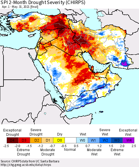 Middle East and Turkey SPI 2-Month Drought Severity (CHIRPS) Thematic Map For 4/1/2021 - 5/31/2021