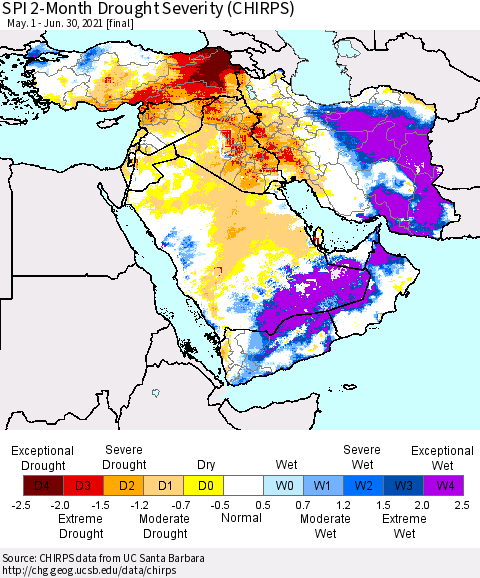 Middle East and Turkey SPI 2-Month Drought Severity (CHIRPS) Thematic Map For 5/1/2021 - 6/30/2021