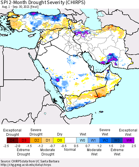 Middle East and Turkey SPI 2-Month Drought Severity (CHIRPS) Thematic Map For 8/1/2021 - 9/30/2021