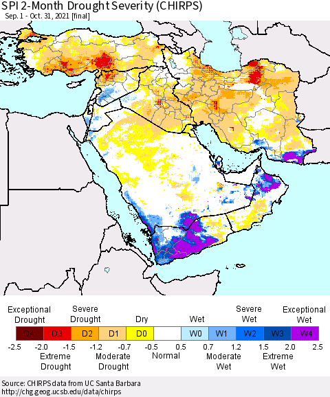Middle East and Turkey SPI 2-Month Drought Severity (CHIRPS) Thematic Map For 9/1/2021 - 10/31/2021