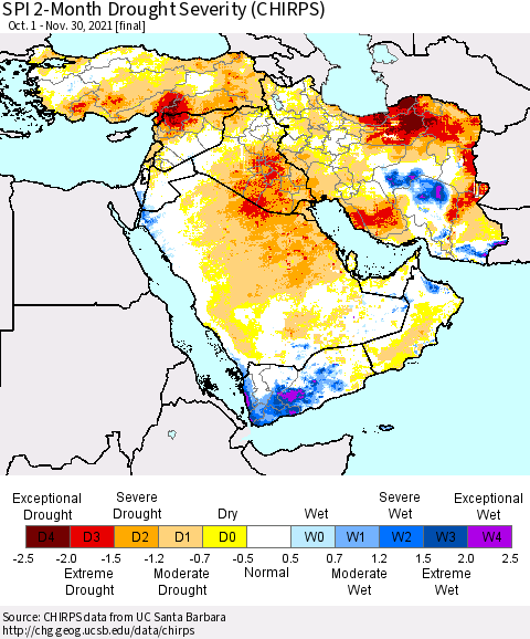 Middle East and Turkey SPI 2-Month Drought Severity (CHIRPS) Thematic Map For 10/1/2021 - 11/30/2021