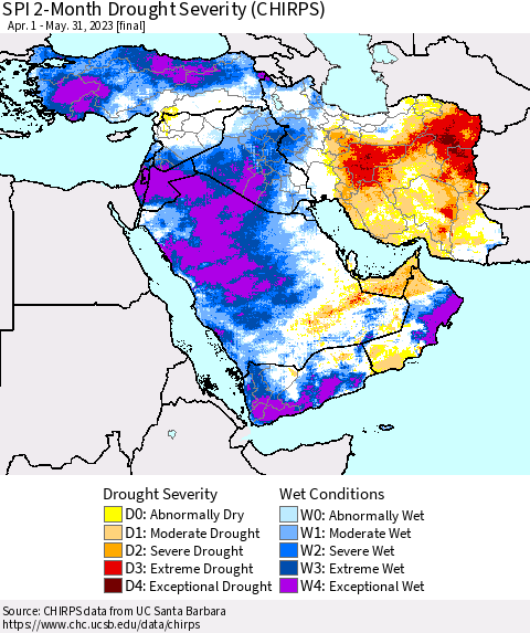 Middle East and Turkey SPI 2-Month Drought Severity (CHIRPS) Thematic Map For 4/1/2023 - 5/31/2023