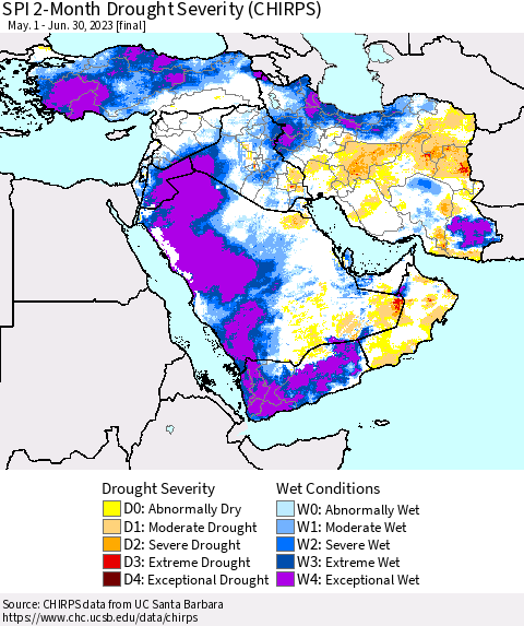 Middle East and Turkey SPI 2-Month Drought Severity (CHIRPS) Thematic Map For 5/1/2023 - 6/30/2023