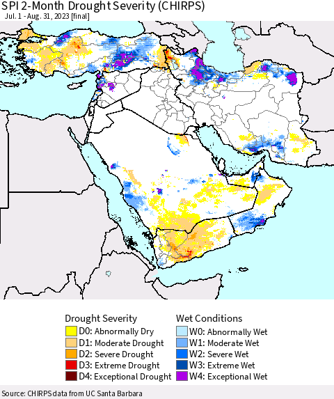 Middle East and Turkey SPI 2-Month Drought Severity (CHIRPS) Thematic Map For 7/1/2023 - 8/31/2023