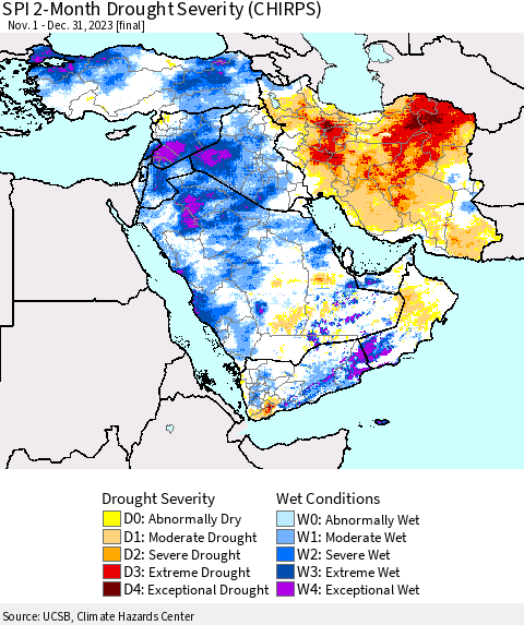 Middle East and Turkey SPI 2-Month Drought Severity (CHIRPS) Thematic Map For 11/1/2023 - 12/31/2023