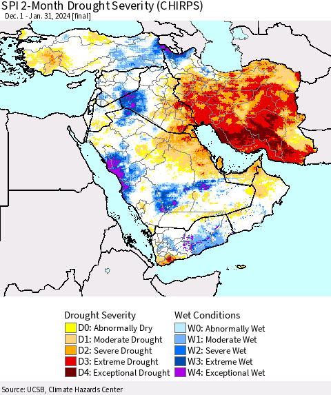 Middle East and Turkey SPI 2-Month Drought Severity (CHIRPS) Thematic Map For 12/1/2023 - 1/31/2024