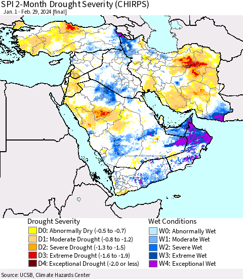 Middle East and Turkey SPI 2-Month Drought Severity (CHIRPS) Thematic Map For 1/1/2024 - 2/29/2024
