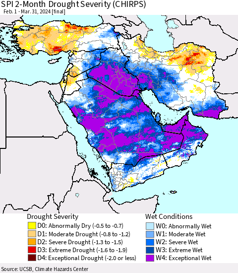 Middle East and Turkey SPI 2-Month Drought Severity (CHIRPS) Thematic Map For 2/1/2024 - 3/31/2024