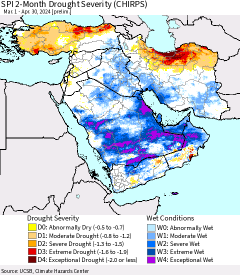 Middle East and Turkey SPI 2-Month Drought Severity (CHIRPS) Thematic Map For 3/1/2024 - 4/30/2024