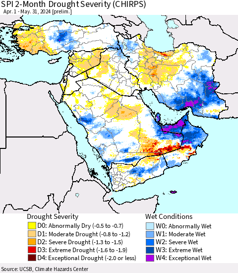 Middle East and Turkey SPI 2-Month Drought Severity (CHIRPS) Thematic Map For 4/1/2024 - 5/31/2024